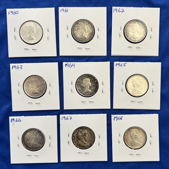 Nicely Toned Set of 9 Mint Uncirculated Silver 1960 to 1968 25¢ Canada Quarters - Picture 2 of 16
